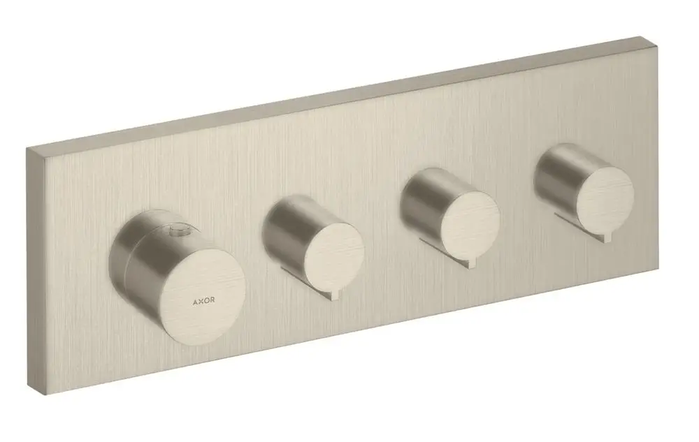 Thermostatmodul mit vier Drehreglern auf einer rechteckigen Platte in gebürstetem Nickel-Finish, Marke AXOR. Ideal für die Steuerung mehrerer Verbraucher.